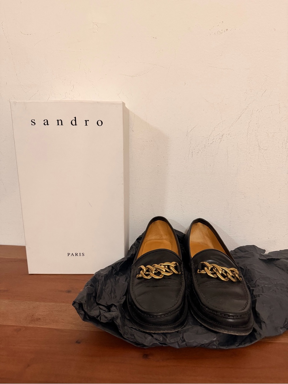 Sandro Black Leather Women's Loafers with Gold Chain